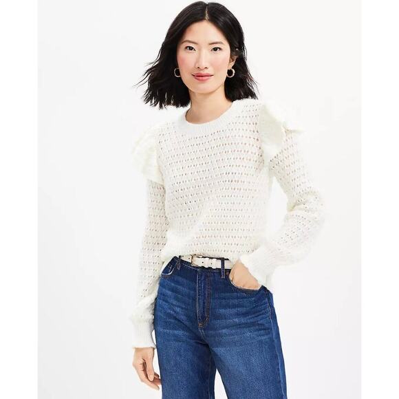 LOFT Cream Ruffle Shoulder Sweater – Open Knit Feminine Pullover, Size Medium - Picture 1 of 9